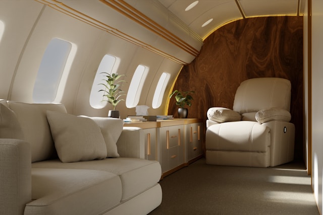 Luxurious private jet interior with cream leather recliner, soft sofa seating, wood‑paneled accent wall, built‑in cabinetry, plants, and natural light from multiple oval windows